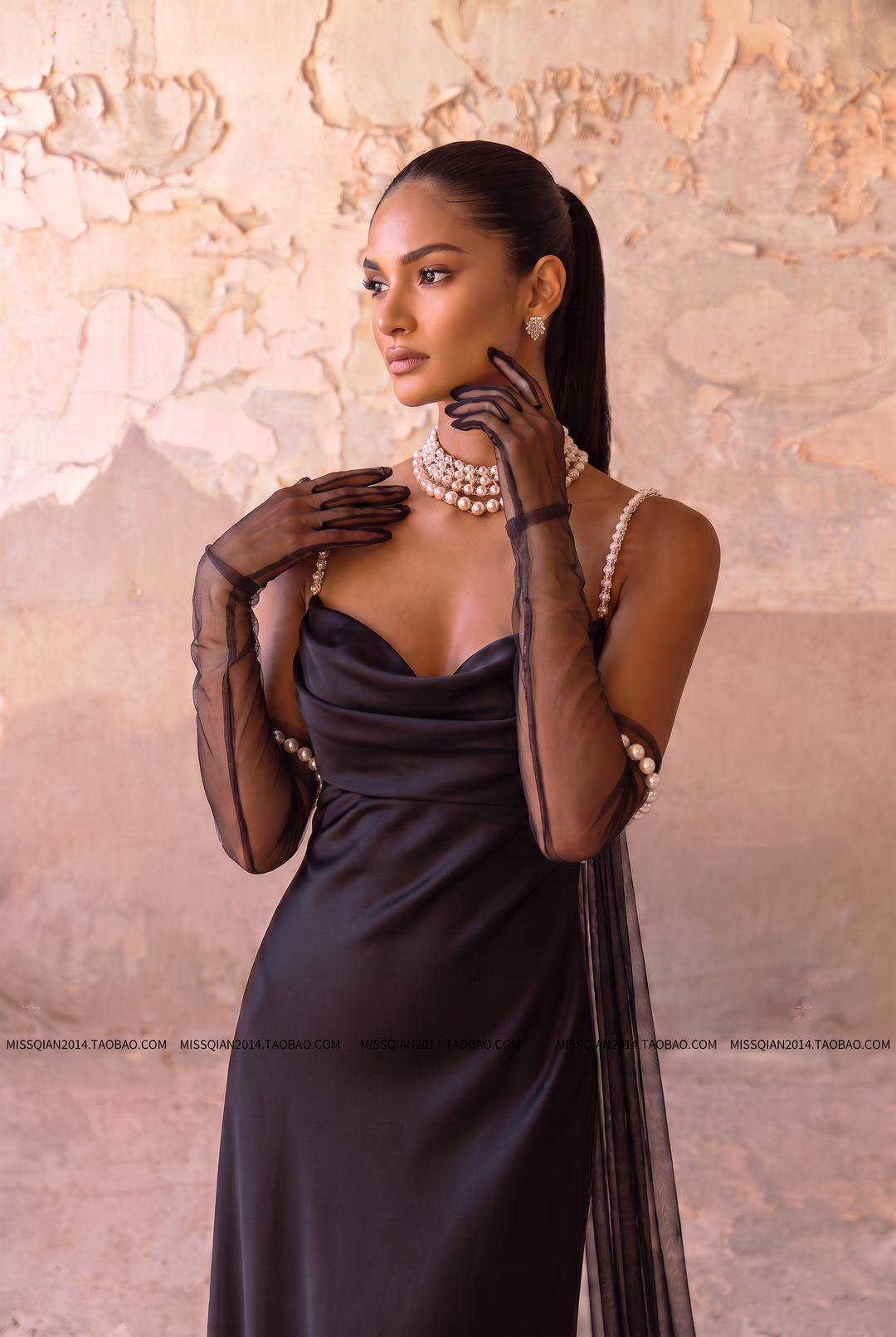 Black Satin Evening Gown with Cowl Neckline - Pearl Strap Slip Dress with Low Back - Elegant Black Formal Gown with Train Plus Size