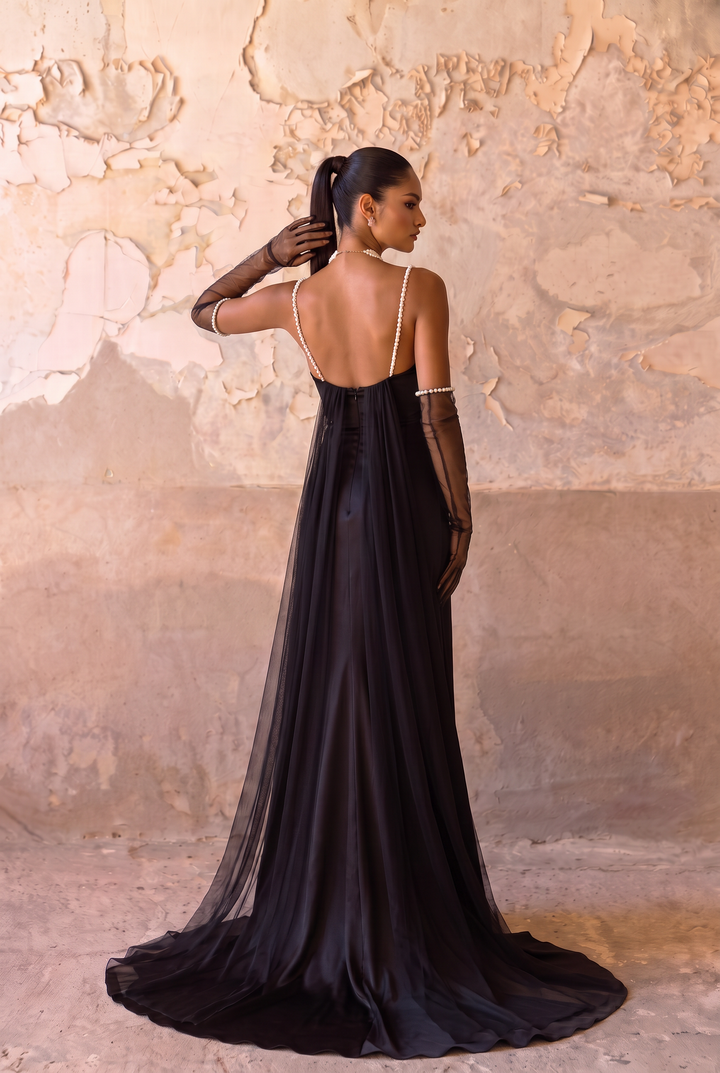 Black Satin Evening Gown with Cowl Neckline - Pearl Strap Slip Dress with Low Back - Elegant Black Formal Gown with Train Plus Size