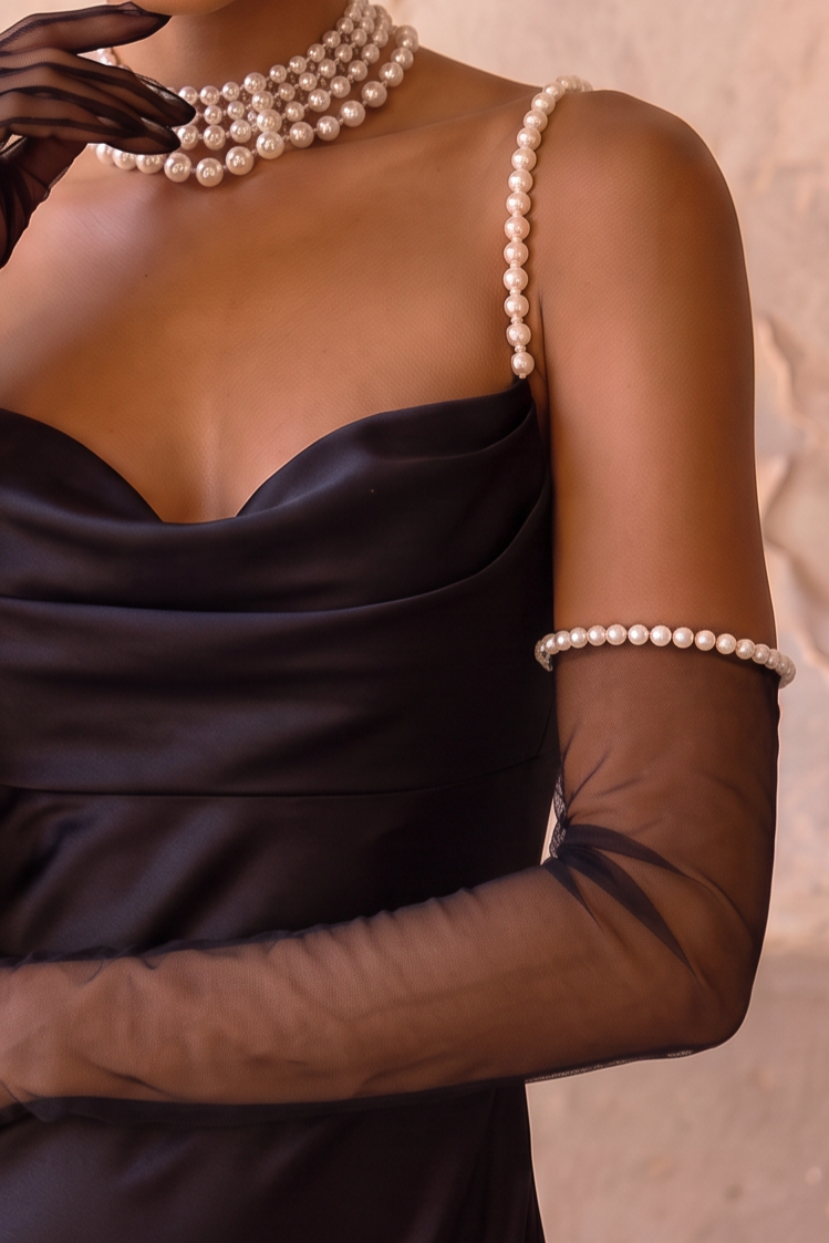 Black Satin Evening Gown with Cowl Neckline - Pearl Strap Slip Dress with Low Back - Elegant Black Formal Gown with Train Plus Size