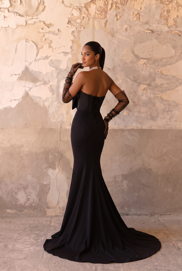 Black Satin Mermaid Evening Dress with Draped Ruffle Bodice and Long Train Plus Size