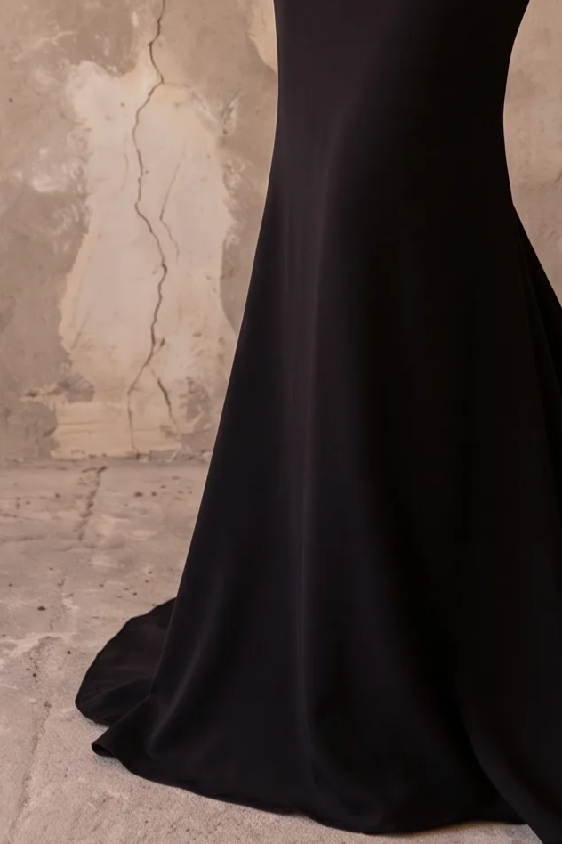 Black Satin Mermaid Evening Dress with Draped Ruffle Bodice and Long Train Plus Size