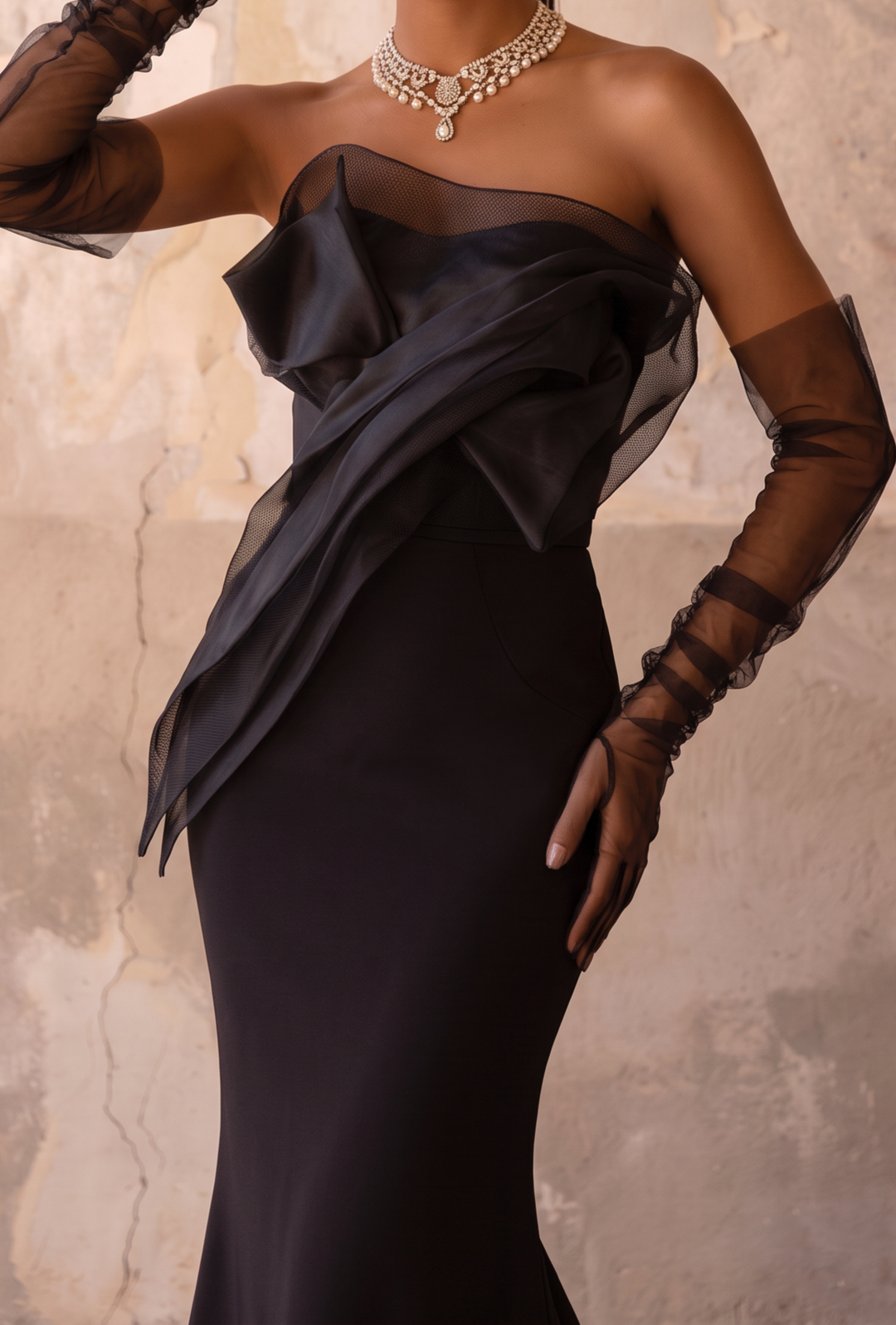 Black Satin Mermaid Evening Dress with Draped Ruffle Bodice and Long Train Plus Size