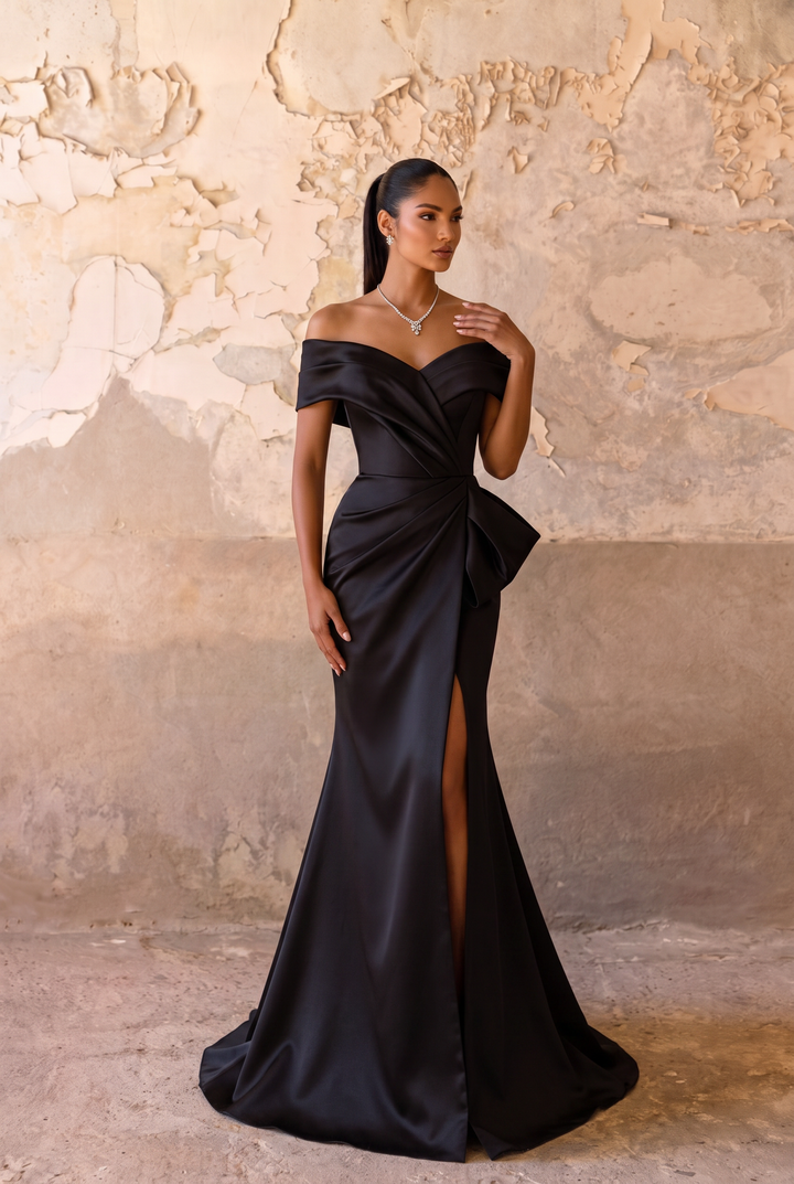 Black Satin Off the Shoulder Mermaid Evening Gown with Side Slit - Draped Formal Dress Plus Size