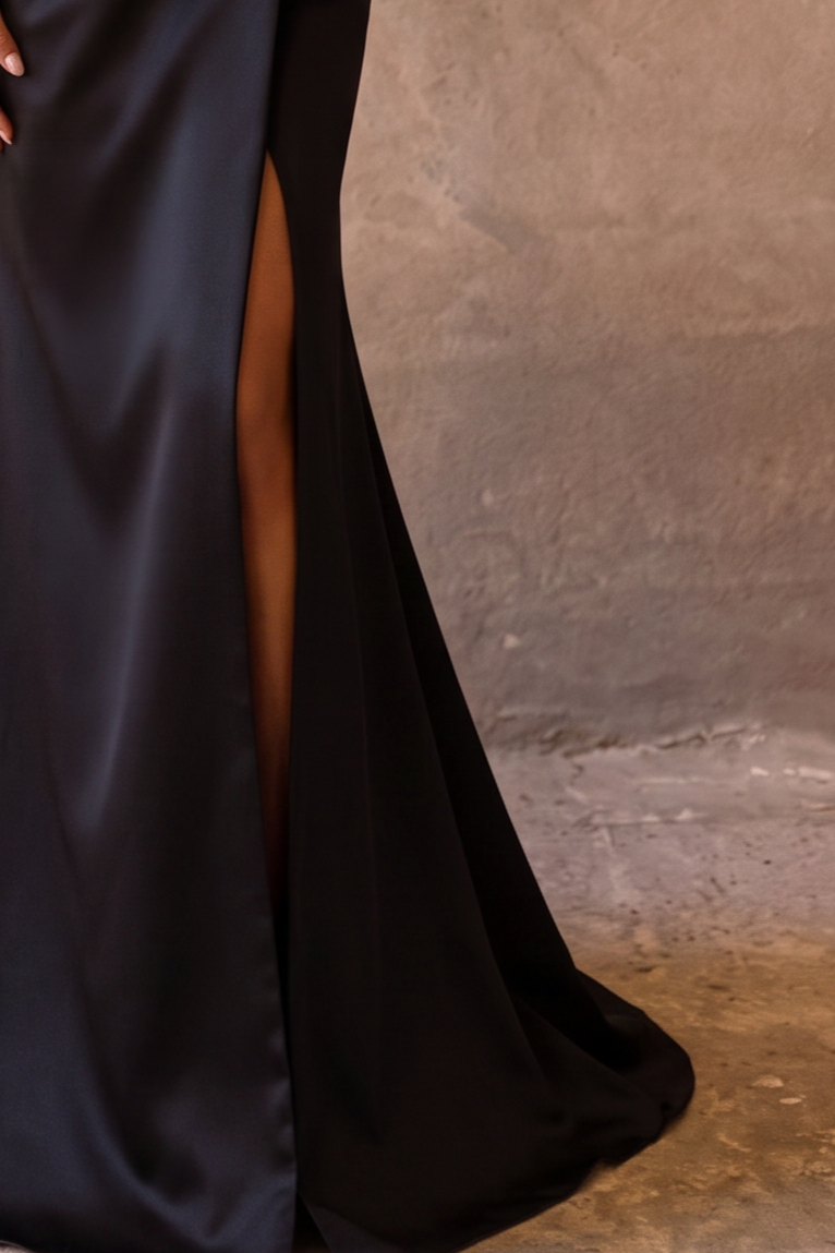 Black Satin Off the Shoulder Mermaid Evening Gown with Side Slit - Draped Formal Dress Plus Size