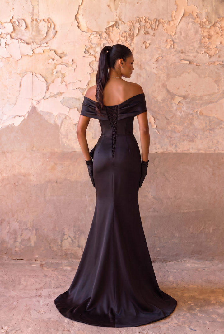 Black Satin Off the Shoulder Mermaid Evening Gown with Side Slit - Draped Formal Dress Plus Size