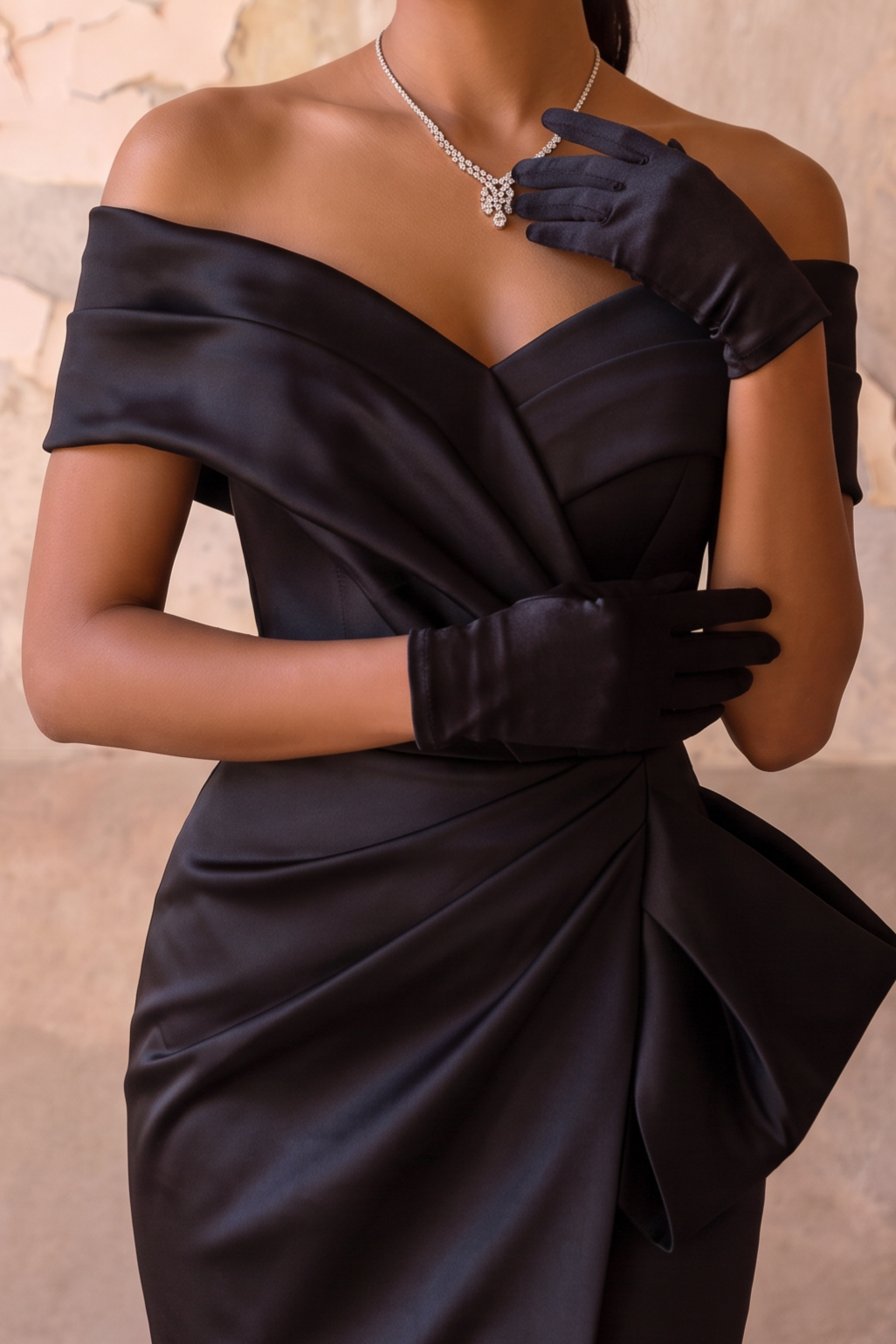 Black Satin Off the Shoulder Mermaid Evening Gown with Side Slit - Draped Formal Dress Plus Size