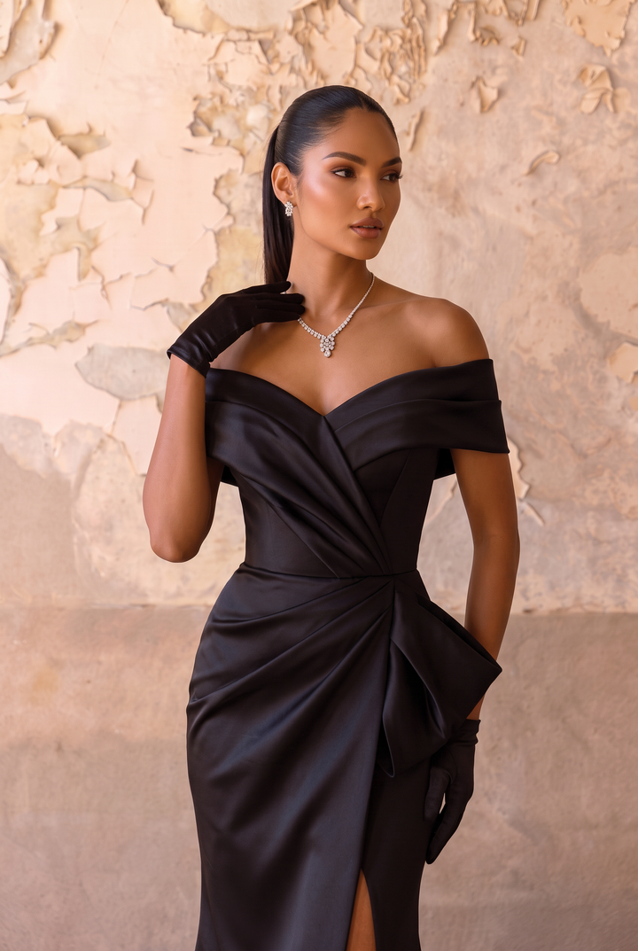 Black Satin Off the Shoulder Mermaid Evening Gown with Side Slit - Draped Formal Dress Plus Size