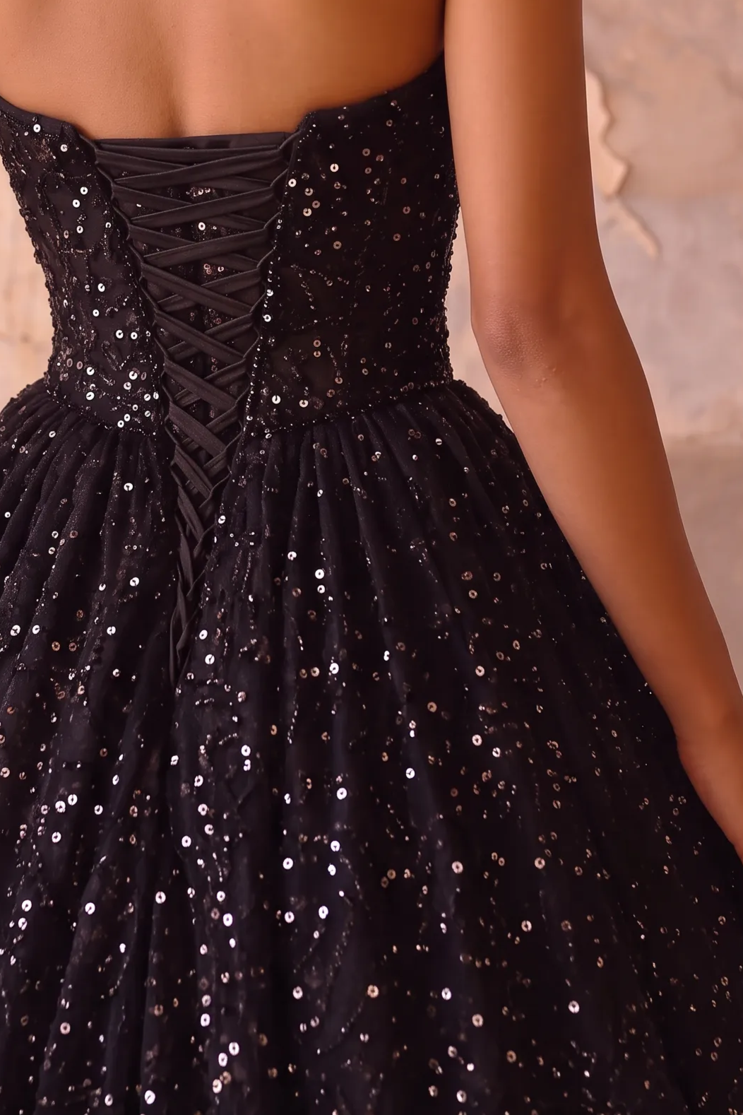 Black Sequin Ball Gown with Strapless Corset Bodice - Sparkling A-Line Evening Dress with Lace-Up Back Plus Size