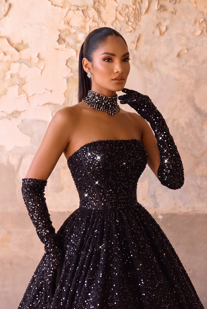 Black Sequin Ball Gown with Strapless Corset Bodice - Sparkling A-Line Evening Dress with Lace-Up Back Plus Size