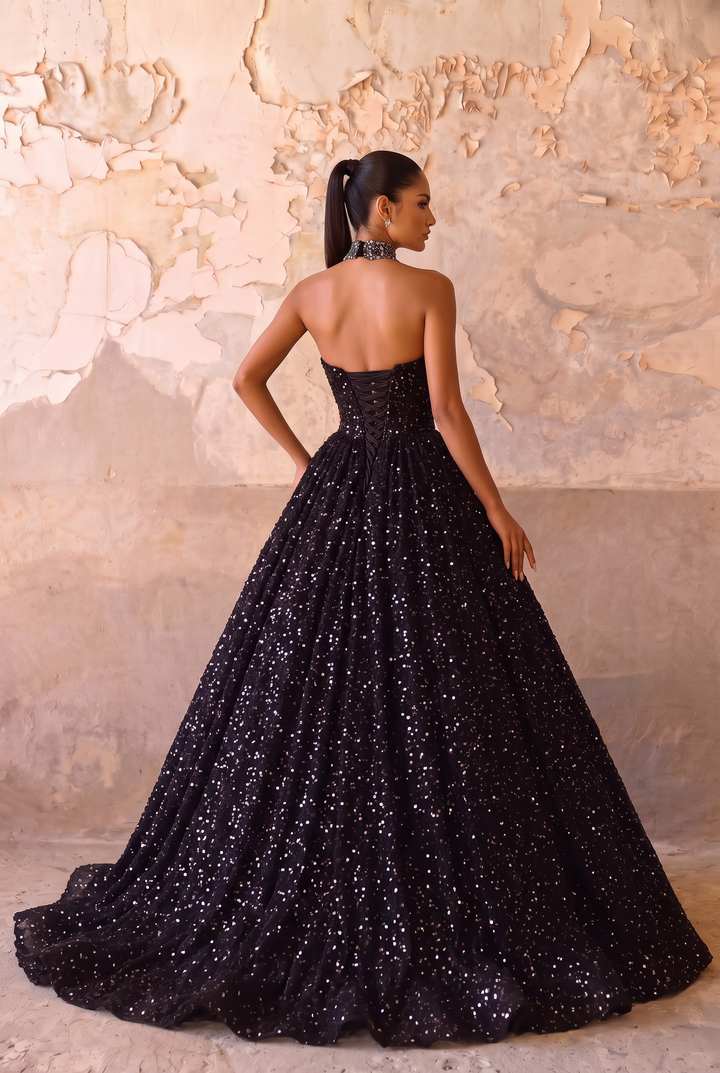 Black Sequin Ball Gown with Strapless Corset Bodice - Sparkling A-Line Evening Dress with Lace-Up Back Plus Size