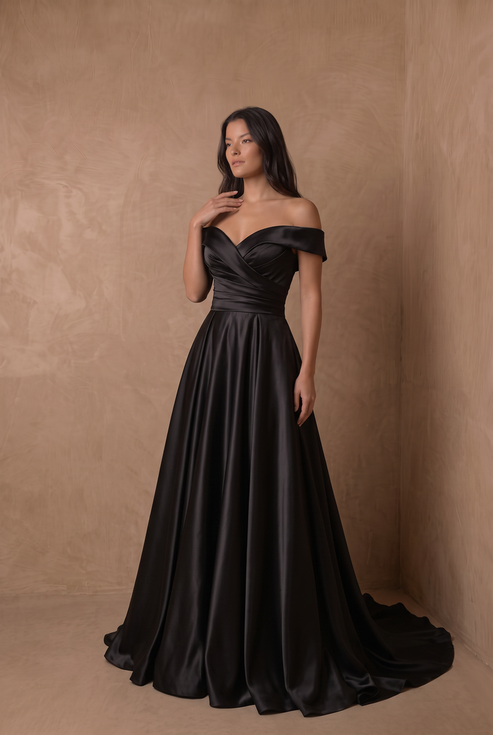 Black Simple Gothic-Inspired Satin Off-the-Shoulder A-Line Ball Gown Wedding Dress Plus Size