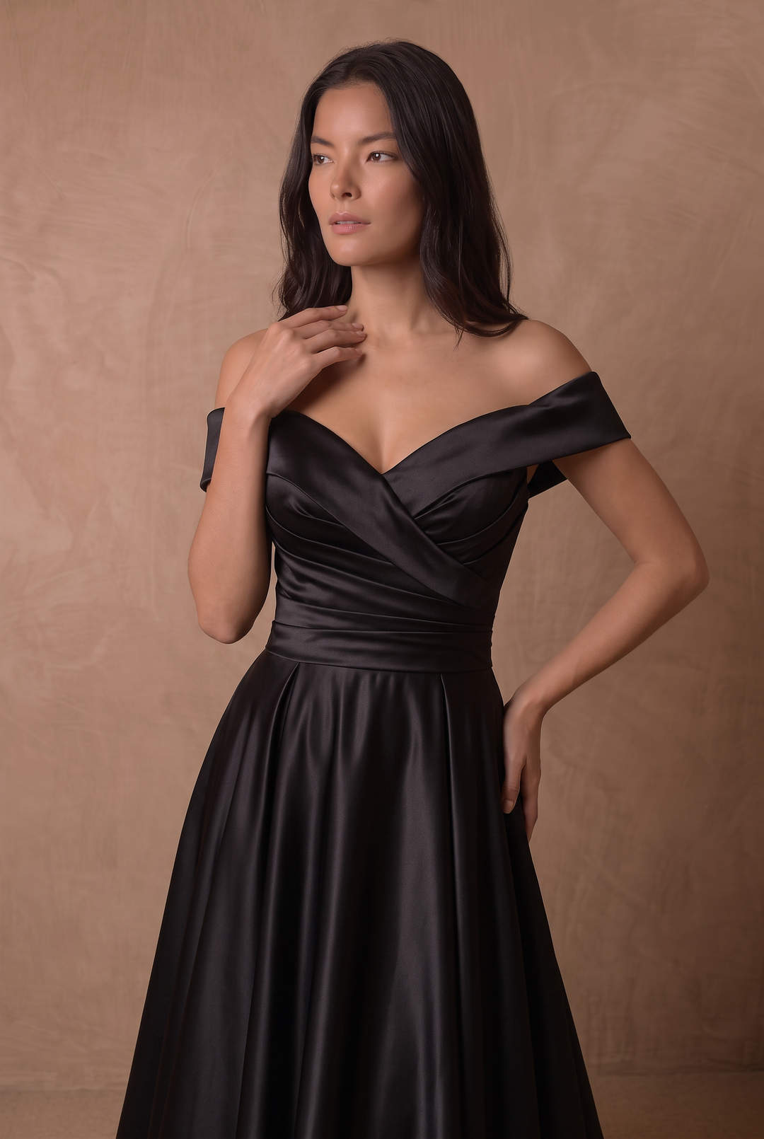 Black Simple Gothic-Inspired Satin Off-the-Shoulder A-Line Ball Gown Wedding Dress Plus Size