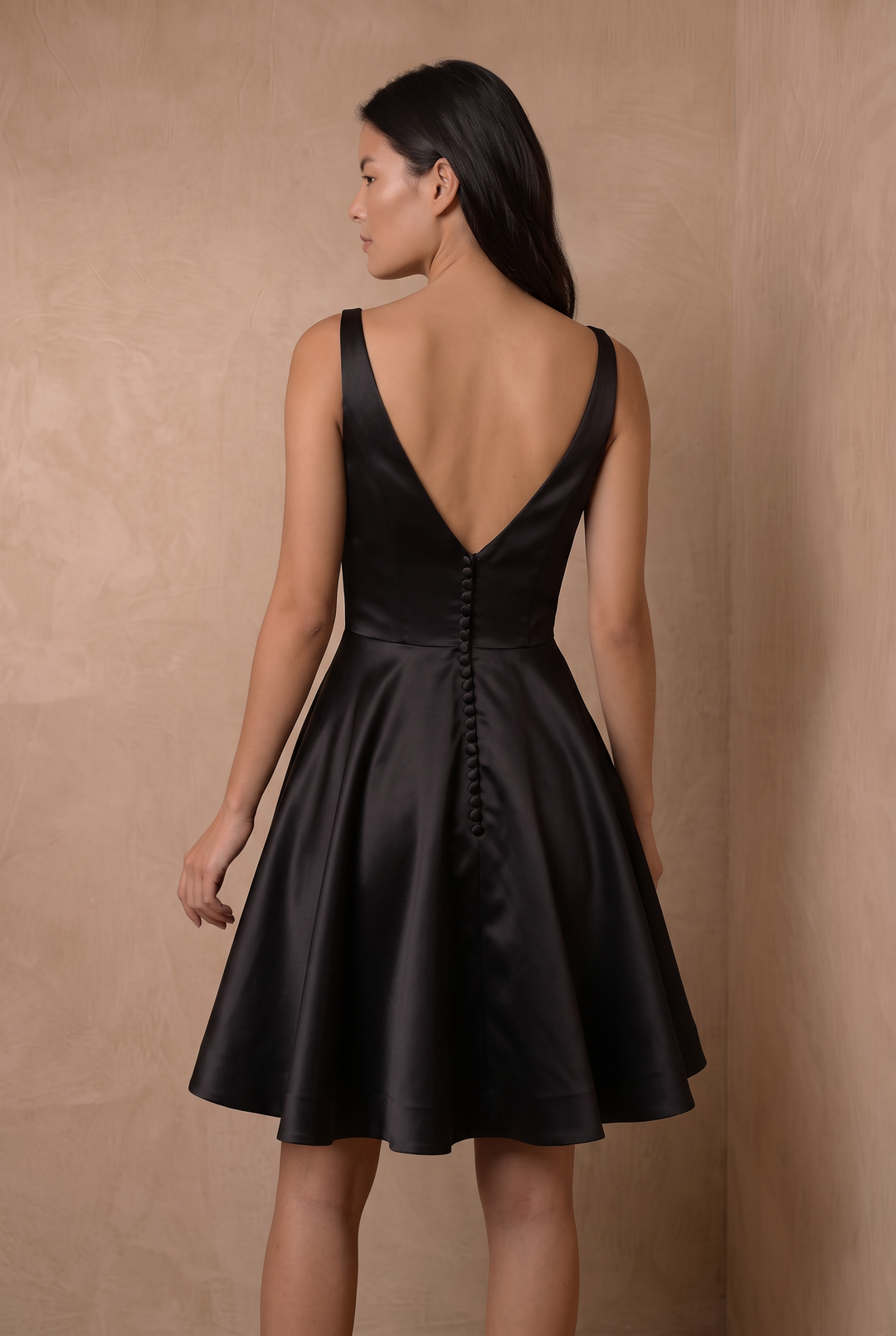 Black Simple Gothic Satin A-Line Mini Wedding Dress – Classic V-Back Bridal Party Dress with Sweetheart Neckline and Button Details Plus Size