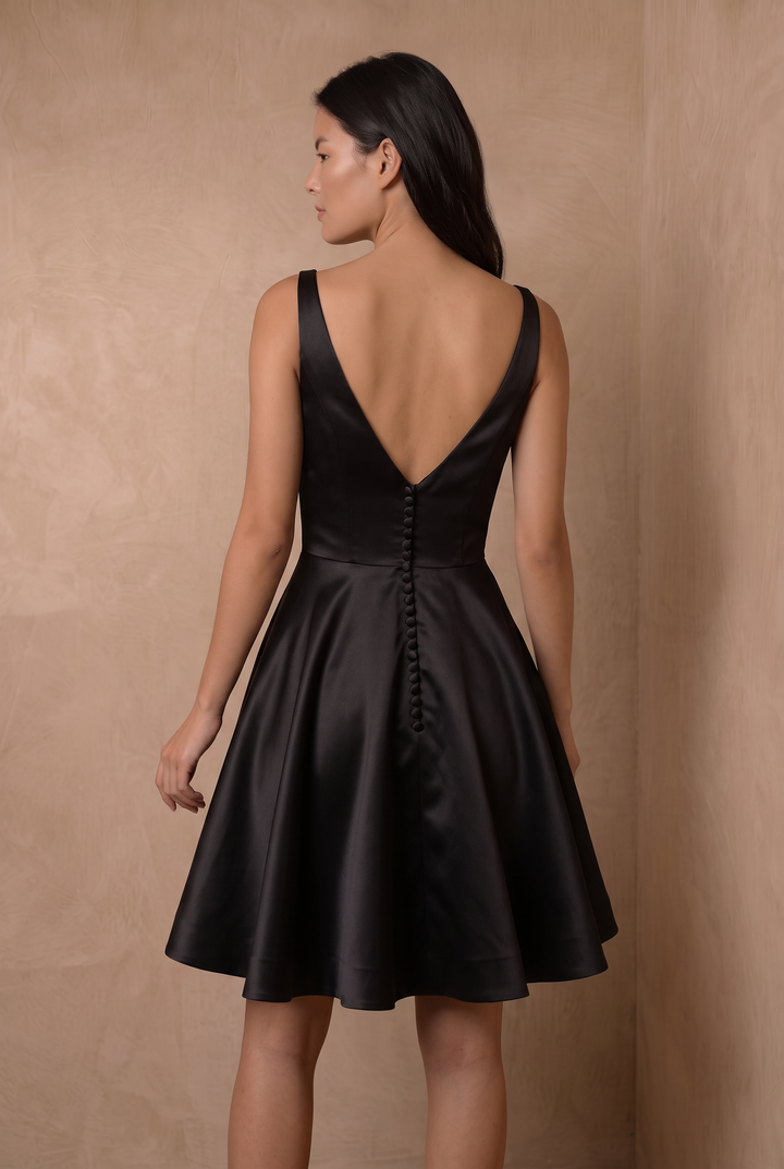 Black Simple Gothic Satin A-Line Mini Wedding Dress – Classic V-Back Bridal Party Dress with Sweetheart Neckline and Button Details Plus Size