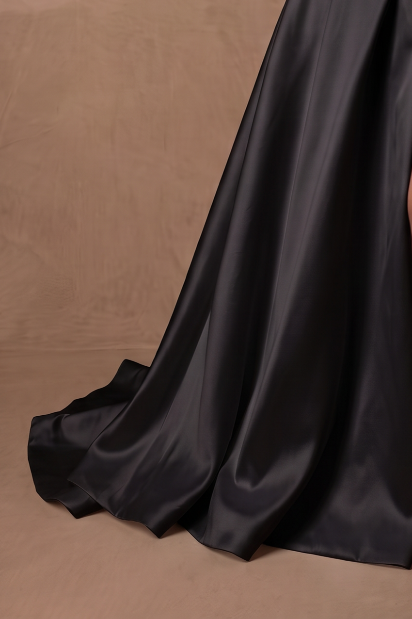 Black Simple Gothic Satin Strapless A-Line Wedding Gown with Pleated Bodice, Side Slit and Train Plus Size