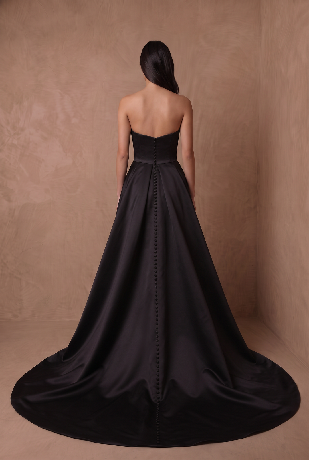 Black Simple Gothic Satin Strapless A-Line Wedding Gown with Pleated Bodice, Side Slit and Train Plus Size