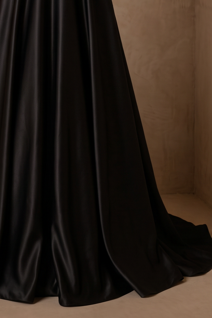 Black Simple Satin Wedding Dress, Minimalist V-Neck A-Line Bridal Gown with Spaghetti Straps and Button Back Plus Size