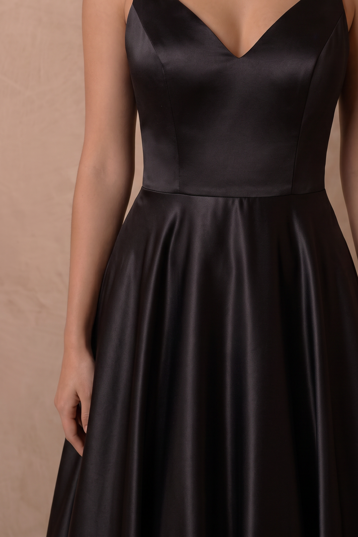 Black Simple Satin Wedding Dress, Minimalist V-Neck A-Line Bridal Gown with Spaghetti Straps and Button Back Plus Size