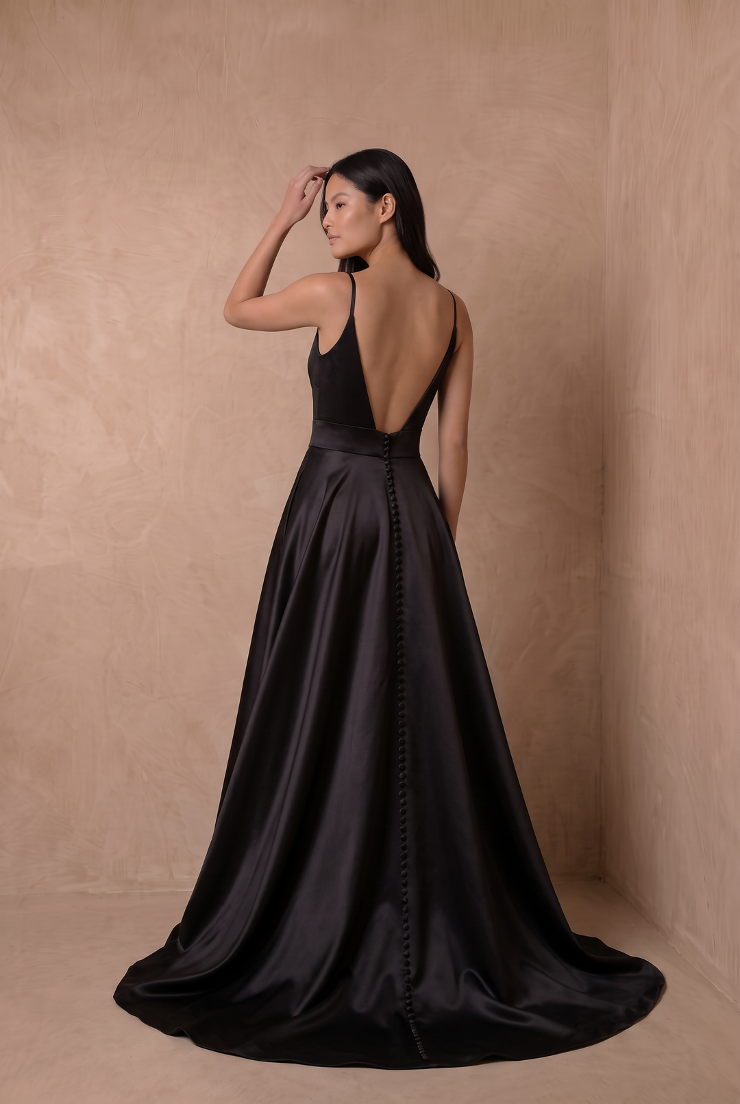 Black Simple Satin Wedding Dress, Minimalist V-Neck A-Line Bridal Gown with Spaghetti Straps and Button Back Plus Size
