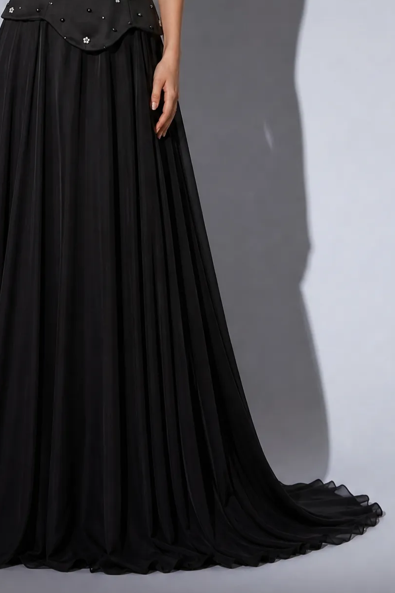 Black Strapless Gothic Evening Gown with Corset Bodice, Floral Beading and Flowing Chiffon Skirt – Formal Dress Plus Size