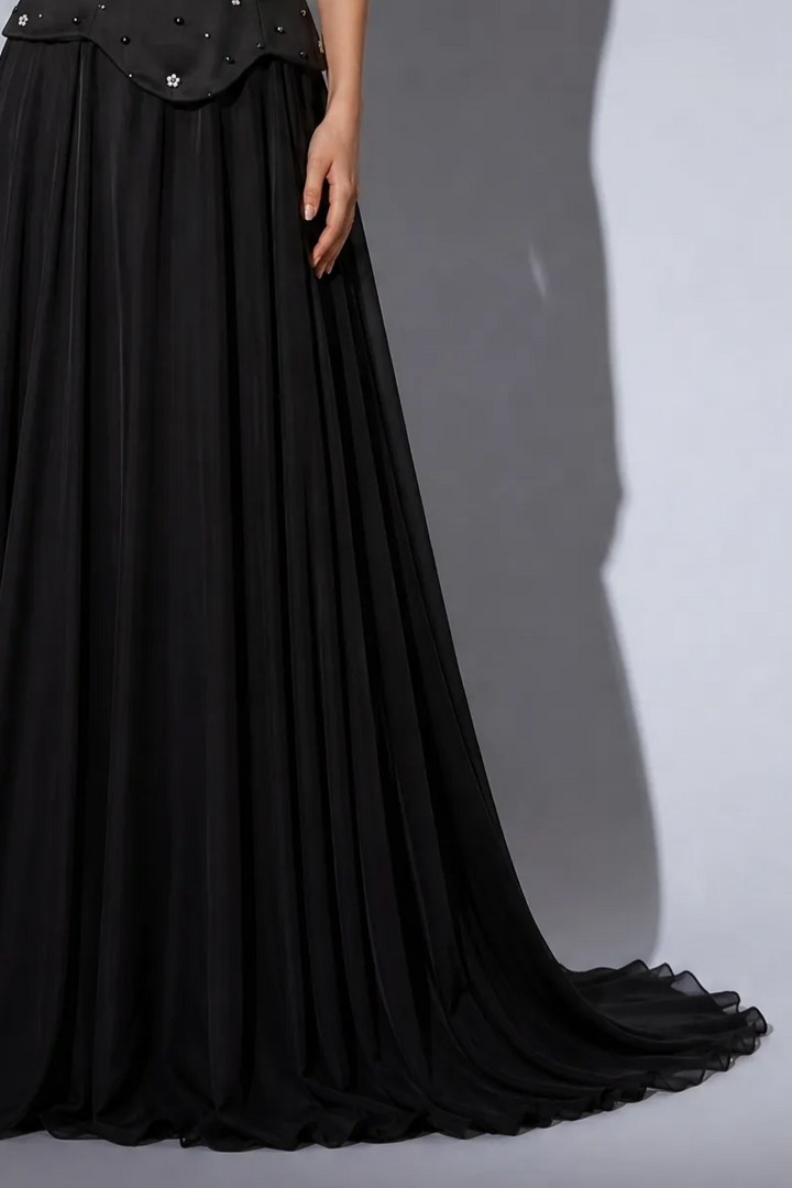 Black Strapless Gothic Evening Gown with Corset Bodice, Floral Beading and Flowing Chiffon Skirt – Formal Dress Plus Size