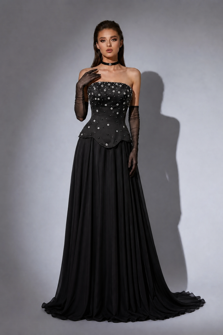 Black Strapless Gothic Evening Gown with Corset Bodice, Floral Beading and Flowing Chiffon Skirt – Formal Dress Plus Size