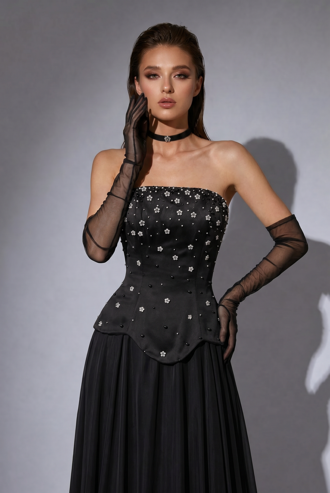 Black Strapless Gothic Evening Gown with Corset Bodice, Floral Beading and Flowing Chiffon Skirt – Formal Dress Plus Size