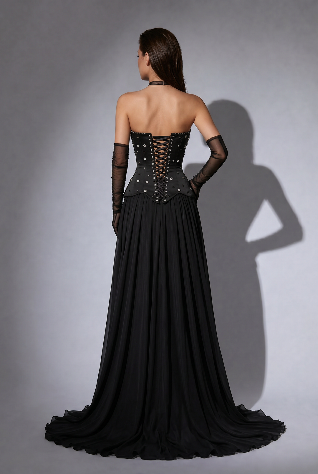 Black Strapless Gothic Evening Gown with Corset Bodice, Floral Beading and Flowing Chiffon Skirt – Formal Dress Plus Size