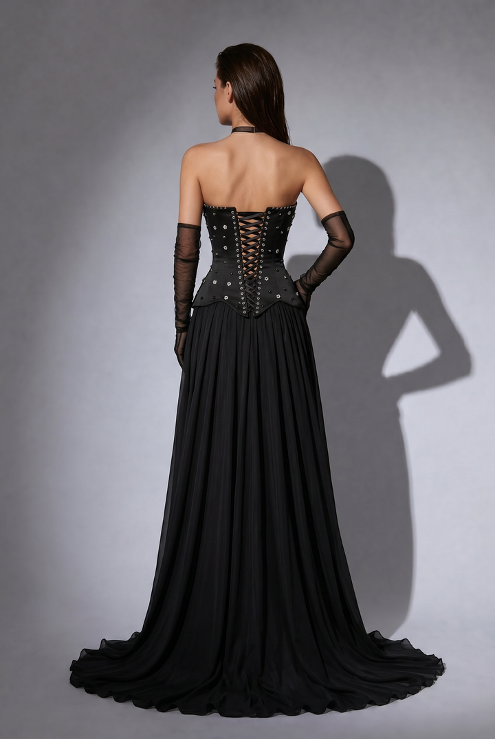 Black Strapless Gothic Evening Gown with Corset Bodice, Floral Beading and Flowing Chiffon Skirt – Formal Dress Plus Size