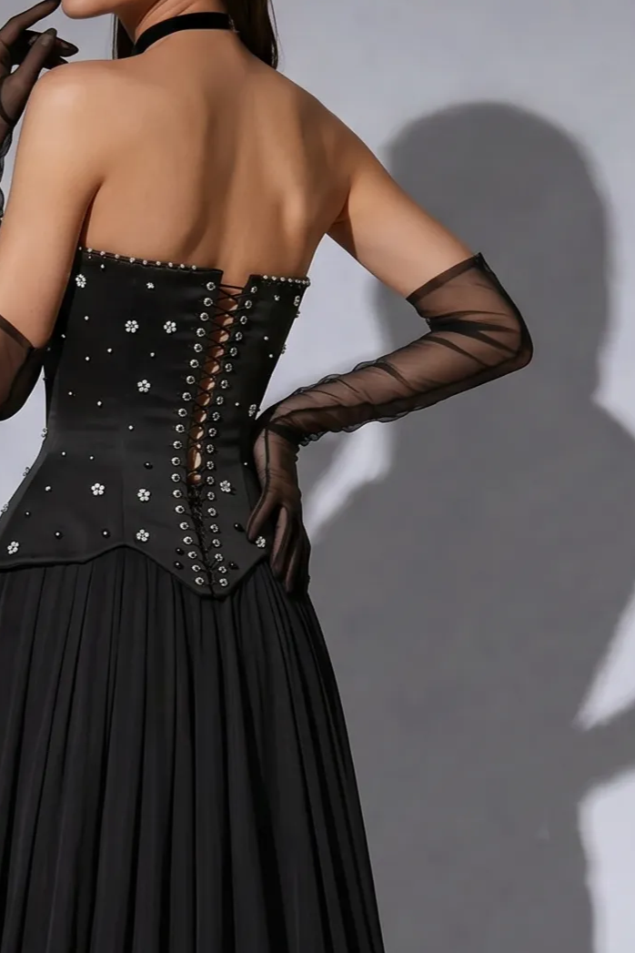 Black Strapless Gothic Evening Gown with Corset Bodice, Floral Beading and Flowing Chiffon Skirt – Formal Dress Plus Size