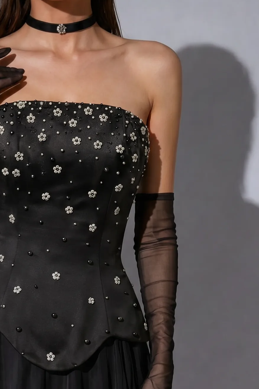 Black Strapless Gothic Evening Gown with Corset Bodice, Floral Beading and Flowing Chiffon Skirt – Formal Dress Plus Size