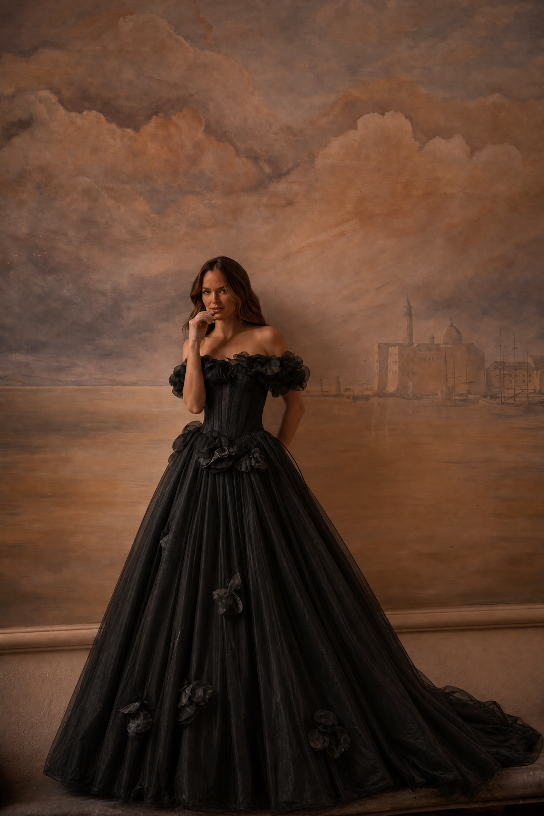 Black Tulle Evening Dress with 3D Floral Appliqué and Off Shoulder Ball Gown Plus Size