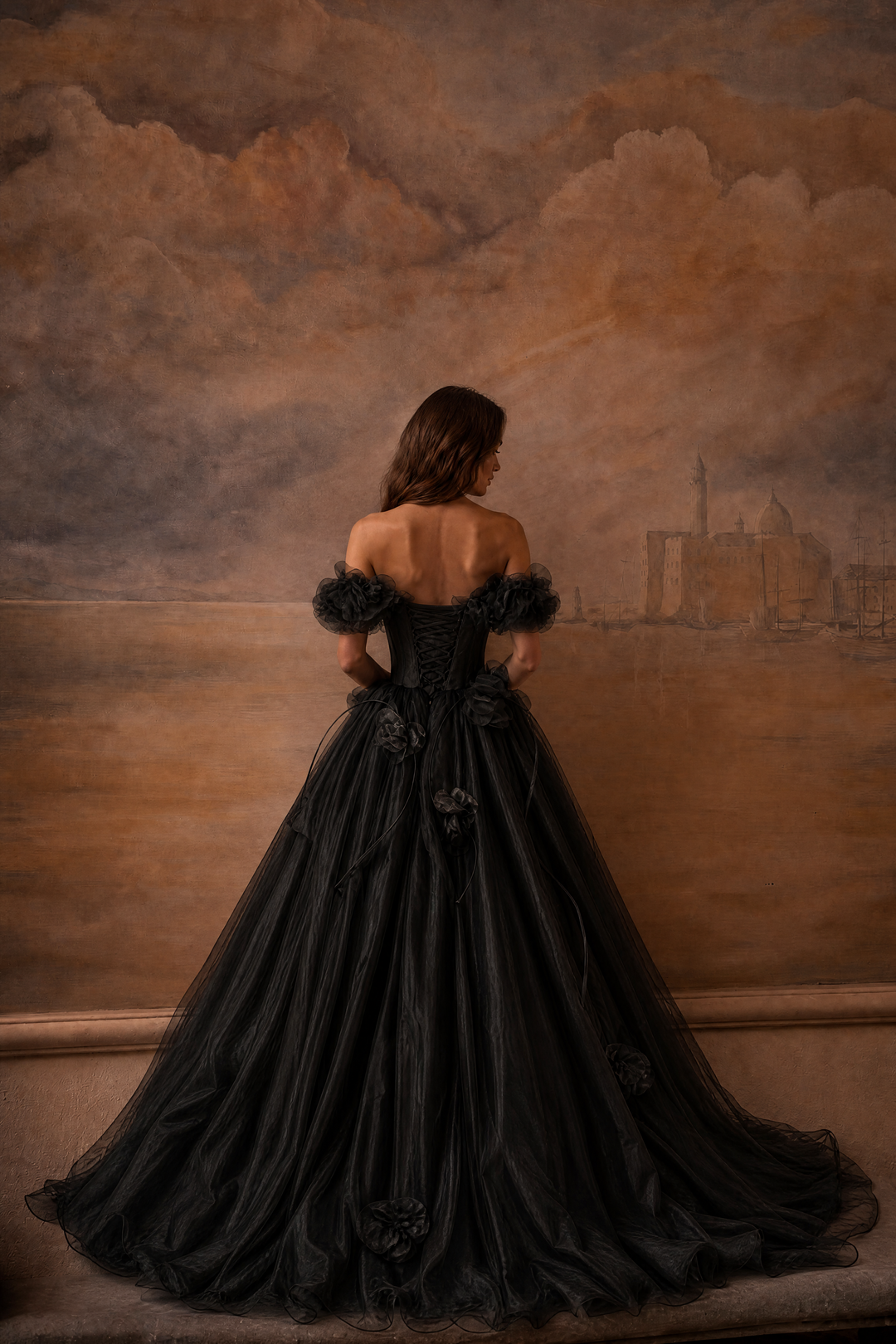 Black Tulle Evening Dress with 3D Floral Appliqué and Off Shoulder Ball Gown Plus Size