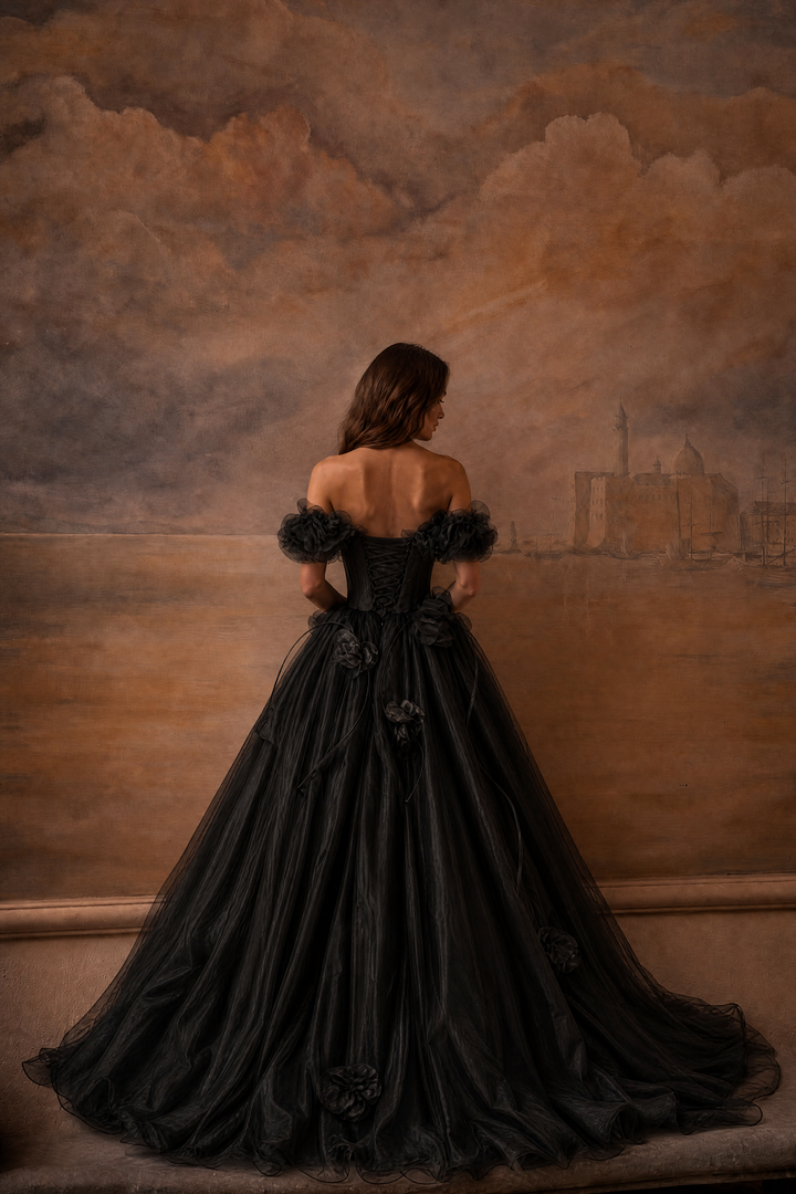 Black Tulle Evening Dress with 3D Floral Appliqué and Off Shoulder Ball Gown Plus Size