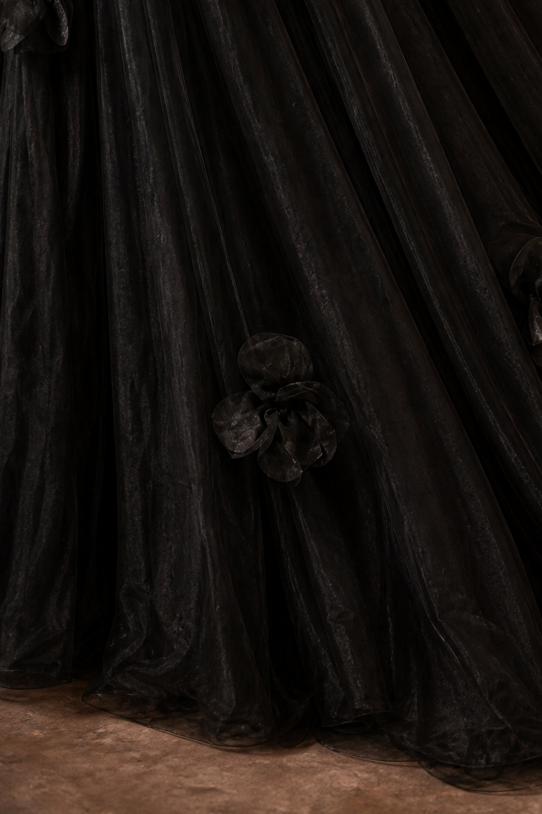 Black Tulle Evening Dress with 3D Floral Appliqué and Off Shoulder Ball Gown Plus Size