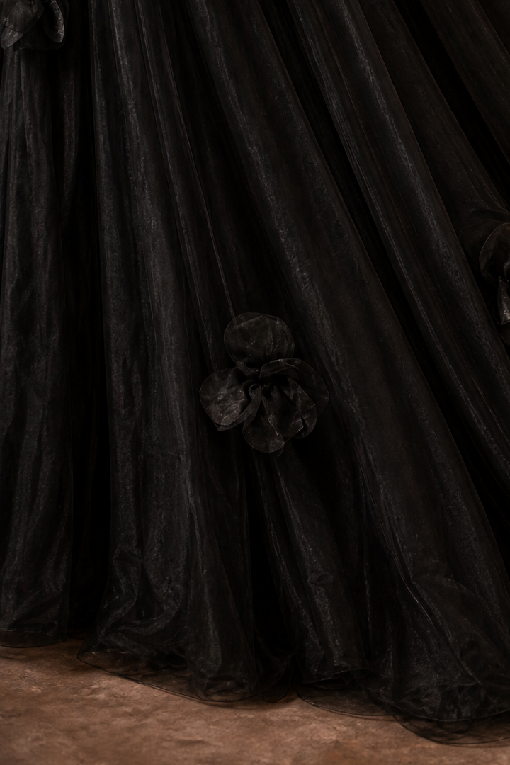 Black Tulle Evening Dress with 3D Floral Appliqué and Off Shoulder Ball Gown Plus Size