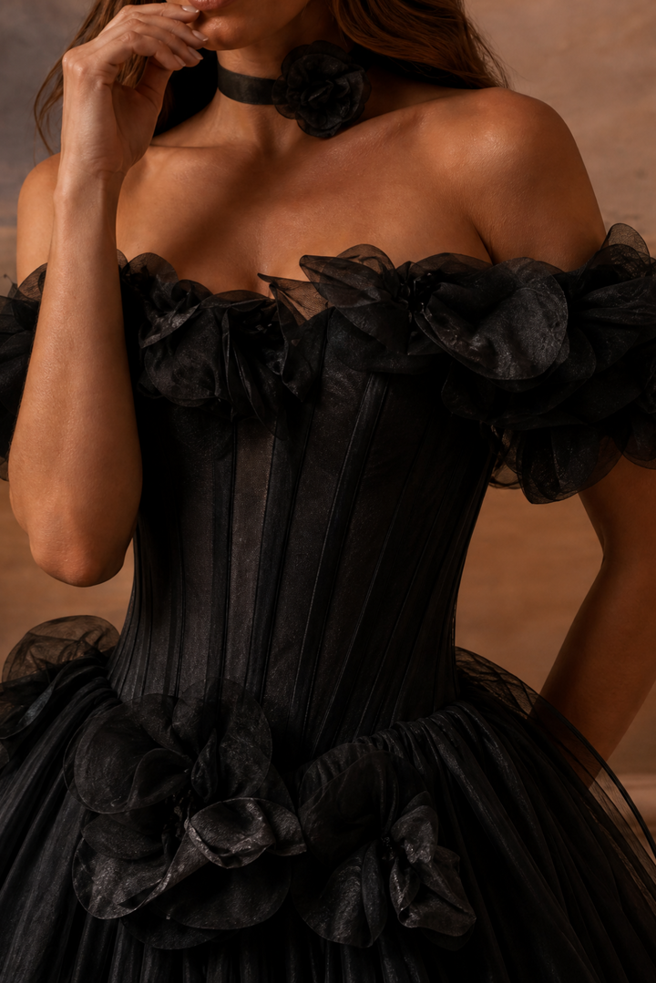Black Tulle Evening Dress with 3D Floral Appliqué and Off Shoulder Ball Gown Plus Size