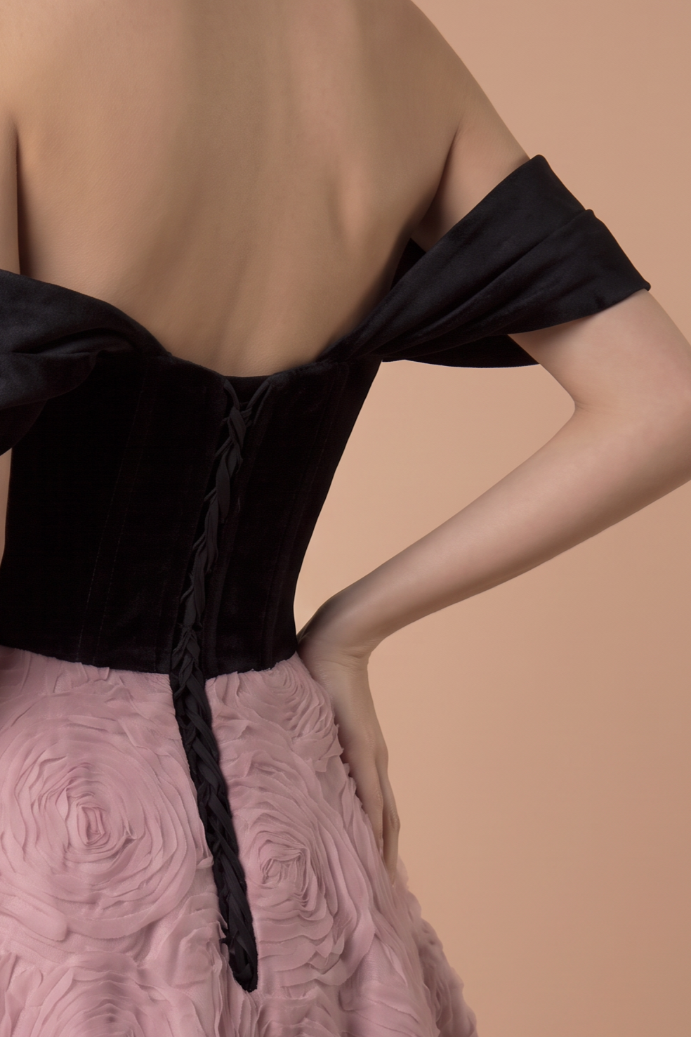 Black Velvet Ball Gown with Off-Shoulder Corset Bodice and Pink Floral Jacquard Skirt Plus Size