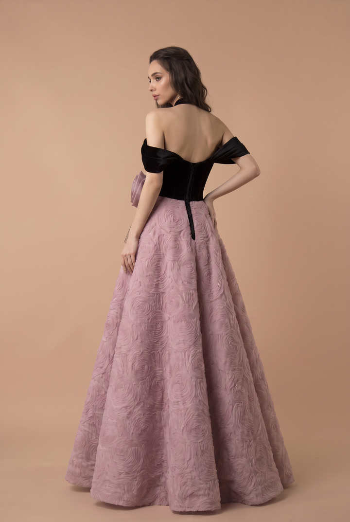 Black Velvet Ball Gown with Off-Shoulder Corset Bodice and Pink Floral Jacquard Skirt Plus Size