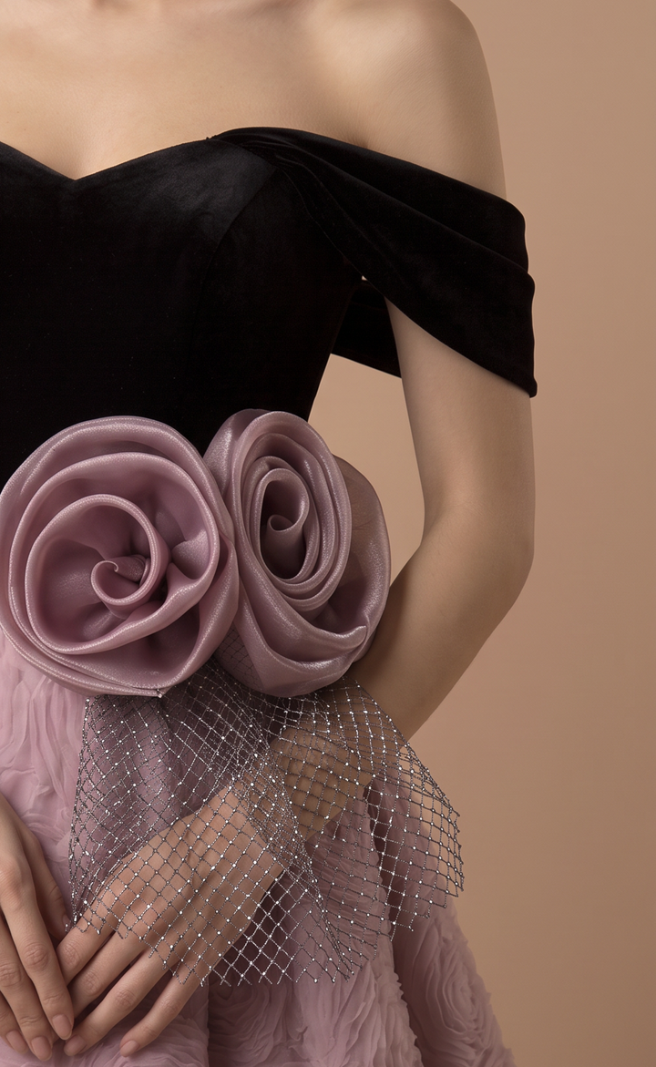 Black Velvet Ball Gown with Off-Shoulder Corset Bodice and Pink Floral Jacquard Skirt Plus Size