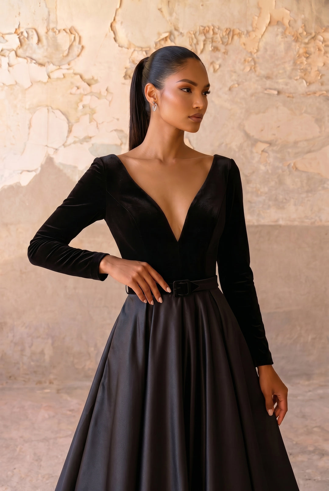 Black Velvet Gothic Ball Gown with Deep V Neckline, Long Sleeves and Lace-Up Back – Formal Evening Dress Plus Size