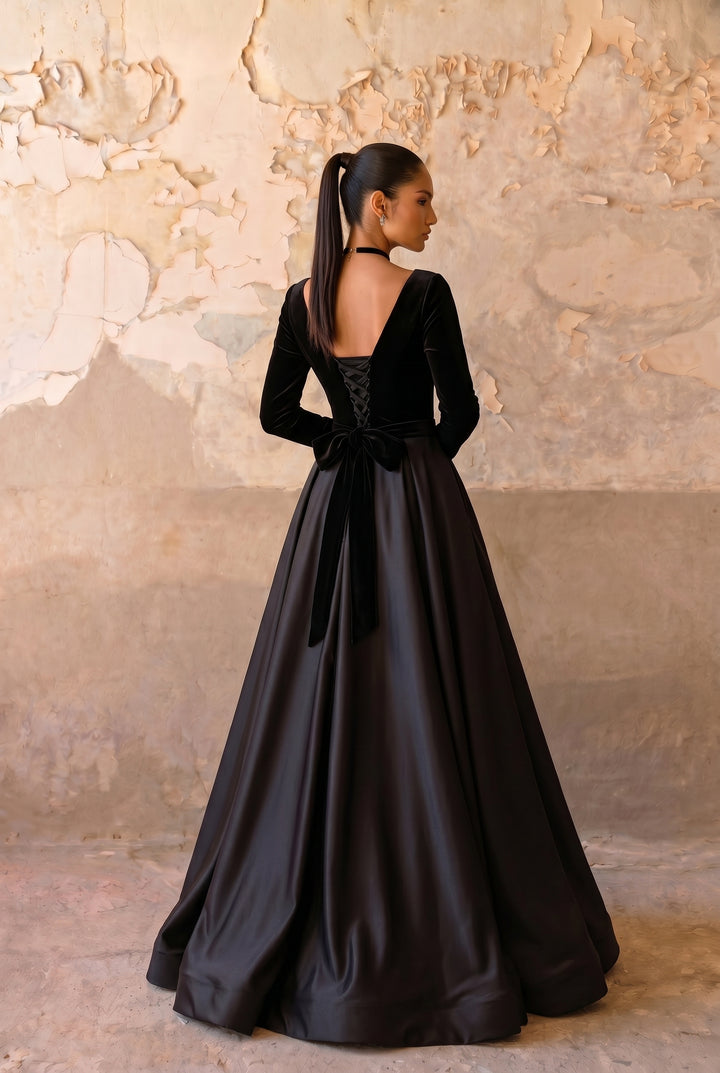Black Velvet Gothic Ball Gown with Deep V Neckline, Long Sleeves and Lace-Up Back – Formal Evening Dress Plus Size