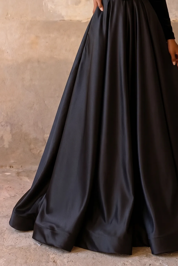Black Velvet Gothic Ball Gown with Deep V Neckline, Long Sleeves and Lace-Up Back – Formal Evening Dress Plus Size