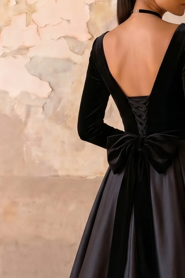 Black Velvet Gothic Ball Gown with Deep V Neckline, Long Sleeves and Lace-Up Back – Formal Evening Dress Plus Size