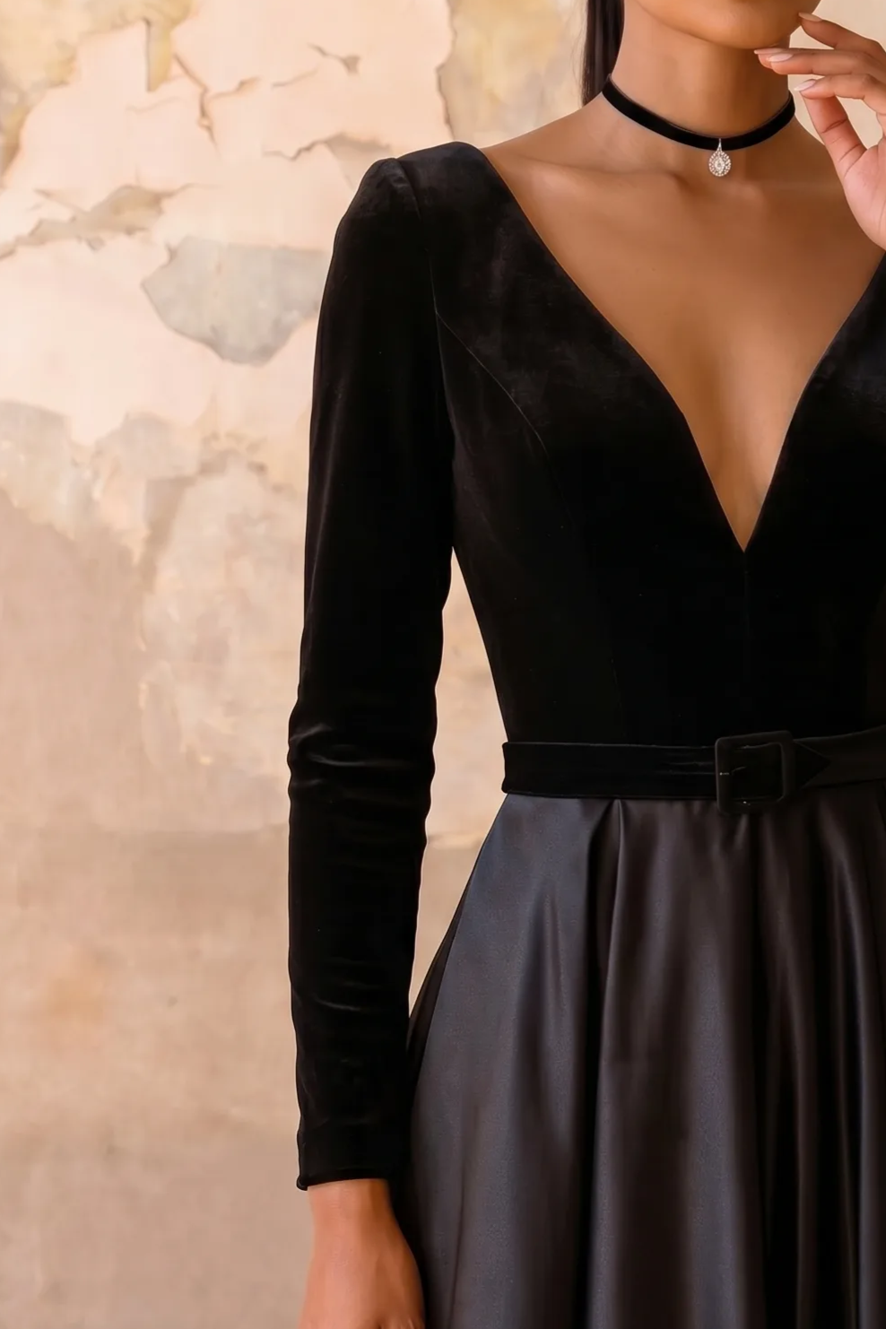 Black Velvet Gothic Ball Gown with Deep V Neckline, Long Sleeves and Lace-Up Back – Formal Evening Dress Plus Size