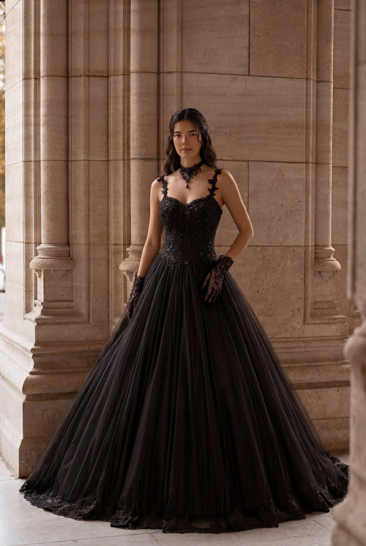 Black Gothic Lace Floral Embroidered  Wedding Dress With Spaghetti Straps Plus Size