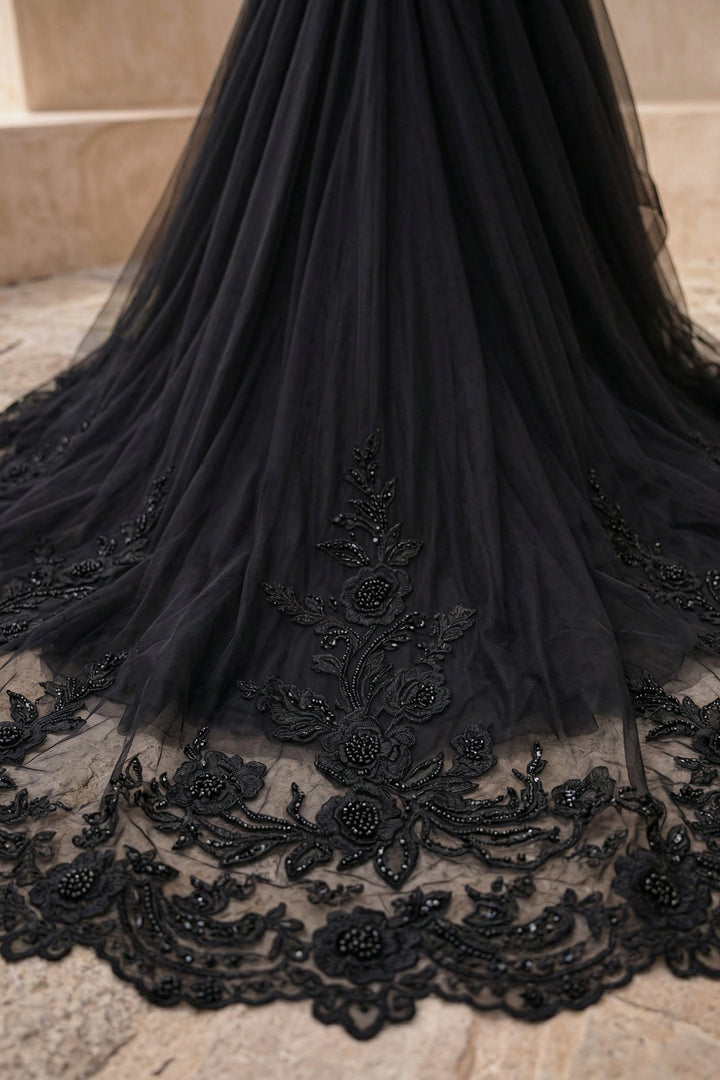 Black Gothic Luxury Satin Embroidery Long Sleeve Wedding Dress – Corset Bridal Dress Plus Size