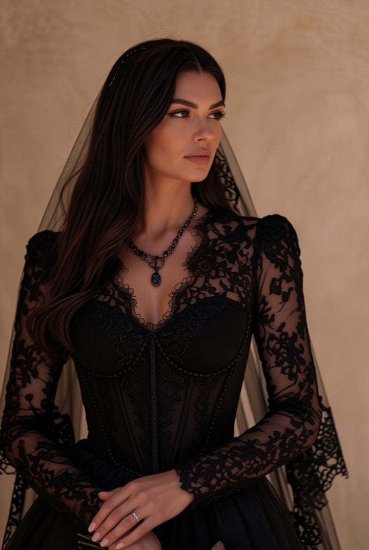 Black Gothic Luxury Satin Embroidery Long Sleeve Wedding Dress – Corset Bridal Dress Plus Size