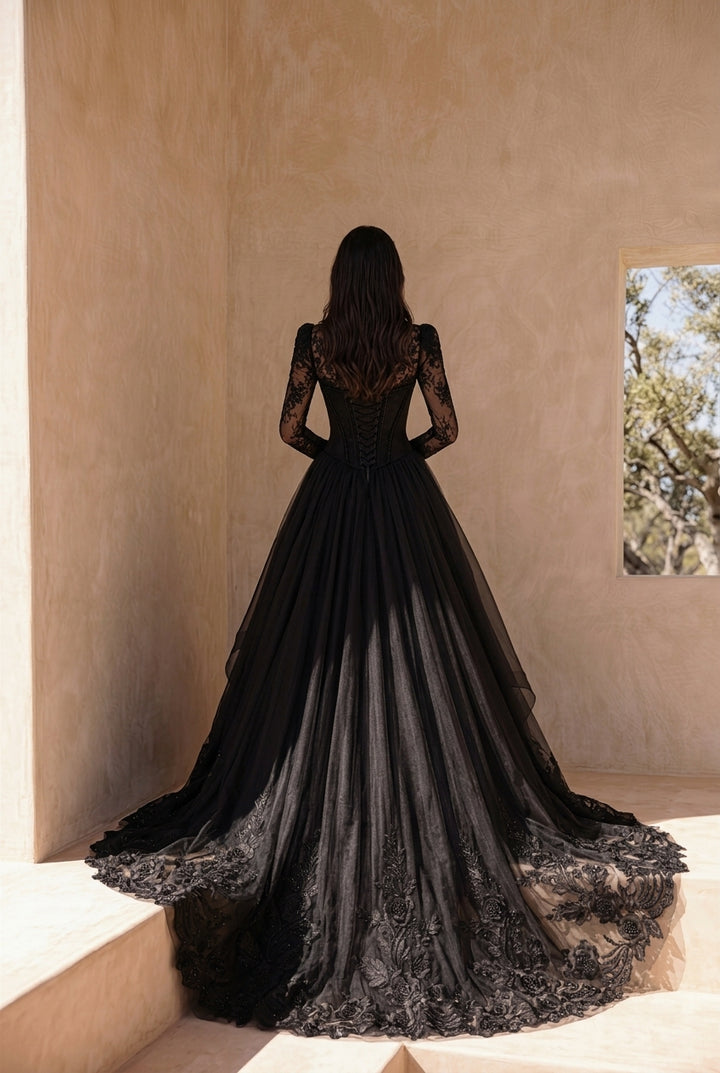 Black Gothic Luxury Satin Embroidery Long Sleeve Wedding Dress – Corset Bridal Dress Plus Size