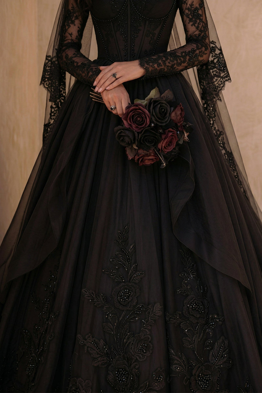 Black Gothic Luxury Satin Embroidery Long Sleeve Wedding Dress – Corset Bridal Dress Plus Size